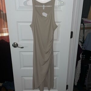 Ribbed tan dress with side scrunch
